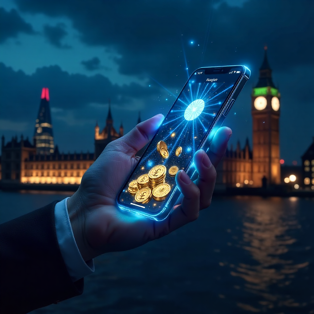 Futuristic hand holding a transparent glass smartphone displaying the True Fortune UK app, background is the London skyline with the Shard and Big Ben at night with glowing royal blue laser beams, 3D holographic gold British Pound (£) coins and sparkling 
